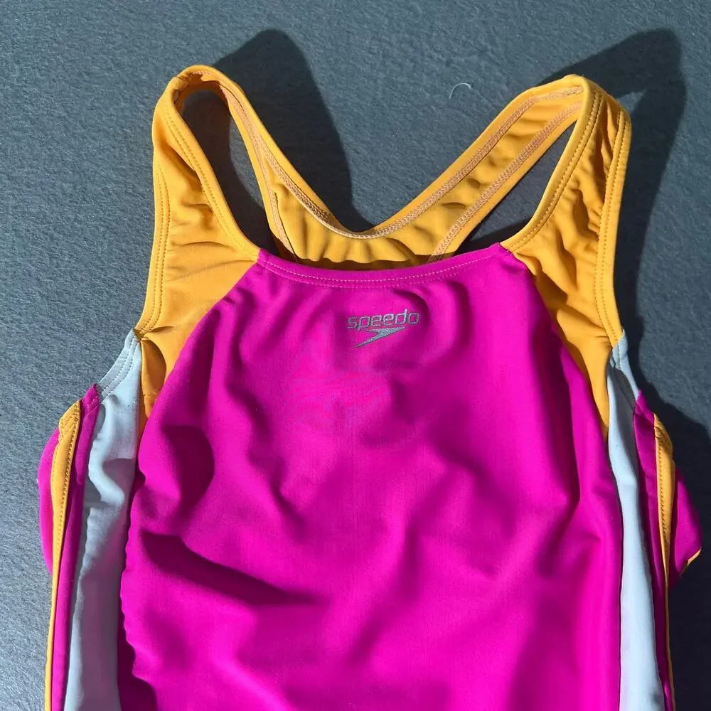 Speedo Girls Size 14 Pink Orange White Colorblock Racerback One Piece Swimsuit